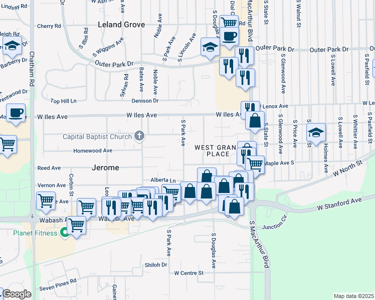 map of restaurants, bars, coffee shops, grocery stores, and more near 1209-1299 Maple Ave in Jerome