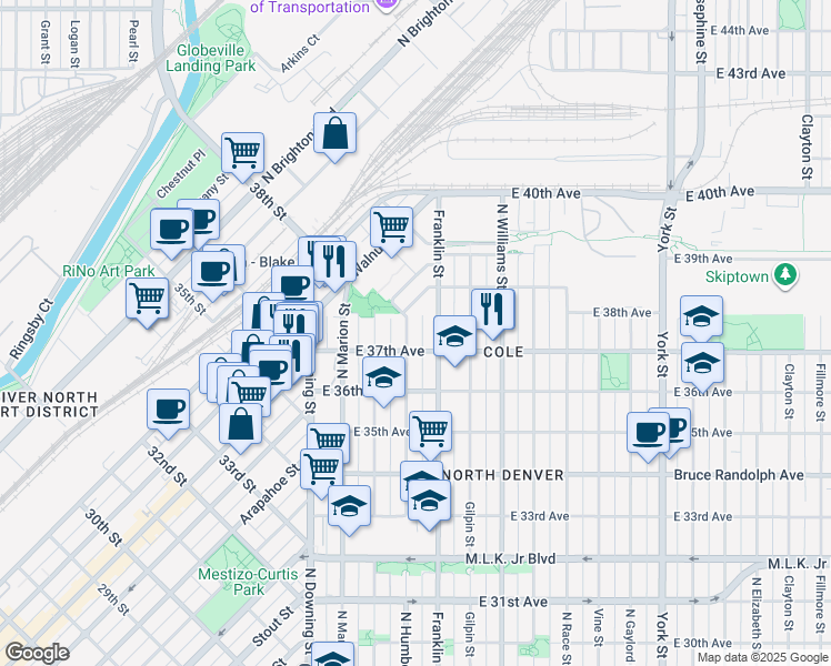 map of restaurants, bars, coffee shops, grocery stores, and more near 3663 Humboldt Street in Denver
