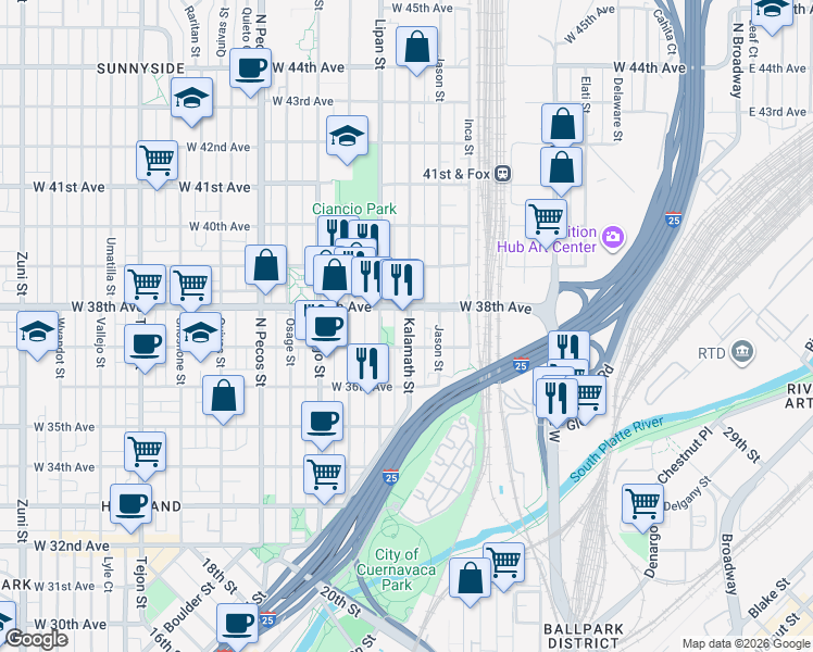 map of restaurants, bars, coffee shops, grocery stores, and more near 1125 West 37th Avenue in Denver