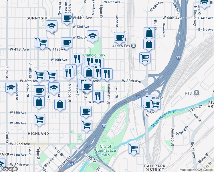 map of restaurants, bars, coffee shops, grocery stores, and more near 3658 Lipan Street in Denver
