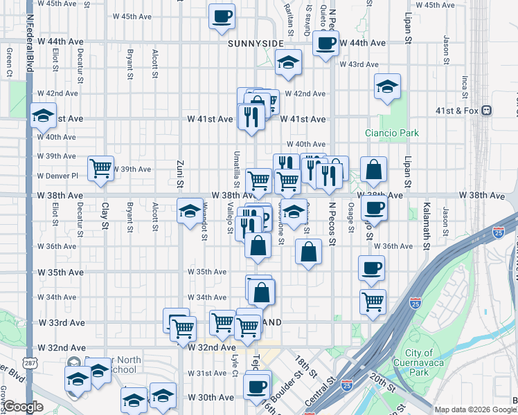 map of restaurants, bars, coffee shops, grocery stores, and more near 1934 West 37th Avenue in Denver
