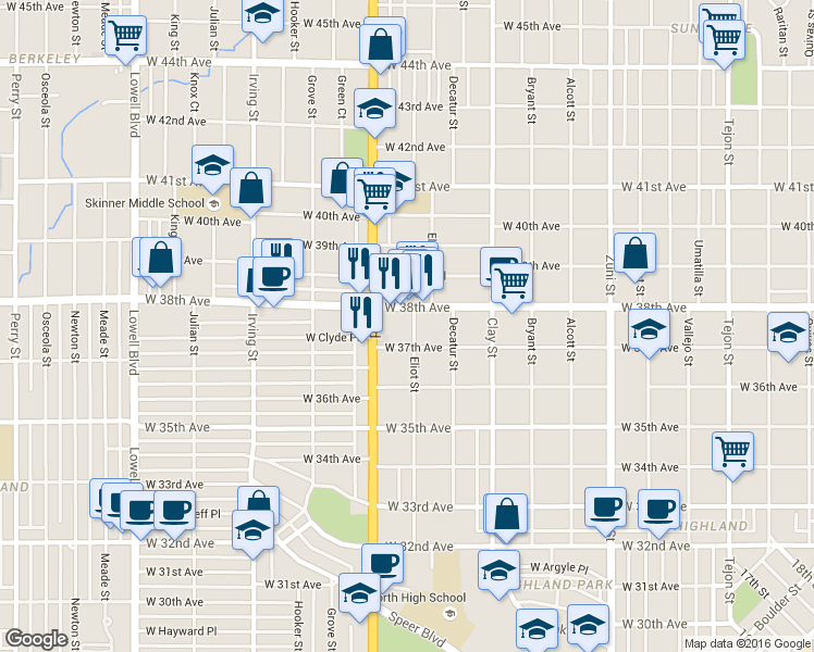 map of restaurants, bars, coffee shops, grocery stores, and more near 3655 Eliot Street in Denver