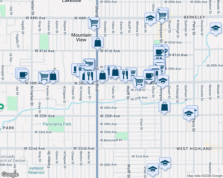 map of restaurants, bars, coffee shops, grocery stores, and more near 3733 Yates Street in Denver