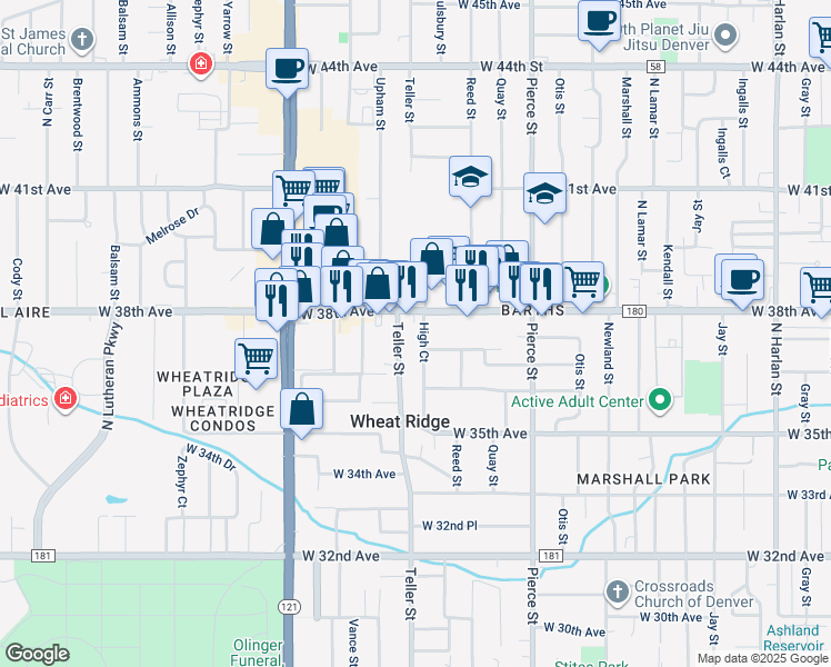 map of restaurants, bars, coffee shops, grocery stores, and more near 3651 High Court in Wheat Ridge