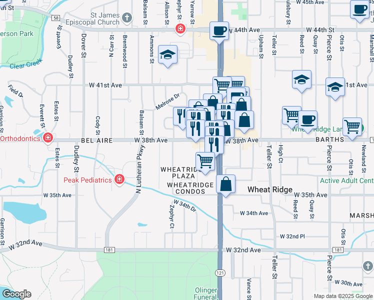 map of restaurants, bars, coffee shops, grocery stores, and more near 7770 West 38th Avenue in Wheat Ridge
