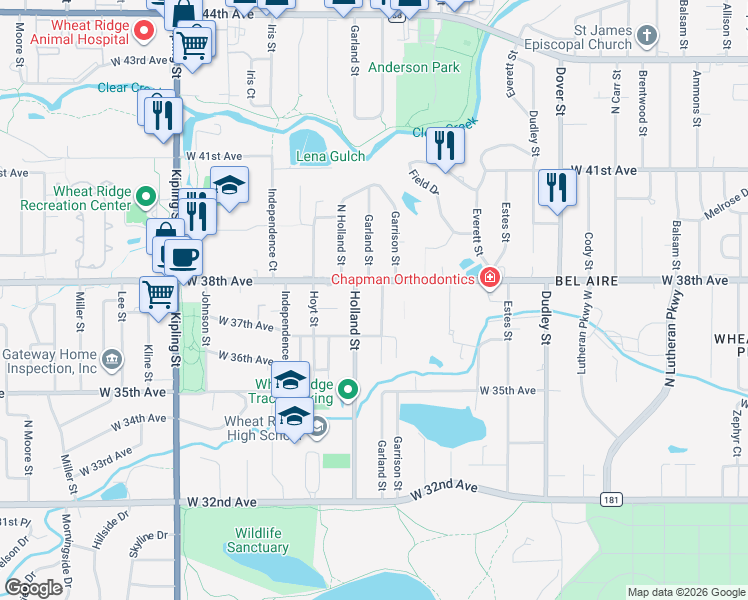 map of restaurants, bars, coffee shops, grocery stores, and more near 3720 Garland Street in Wheat Ridge
