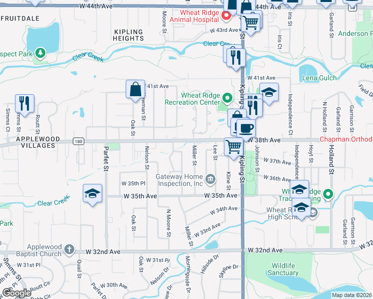 map of restaurants, bars, coffee shops, grocery stores, and more near 3641 Miller Street in Wheat Ridge