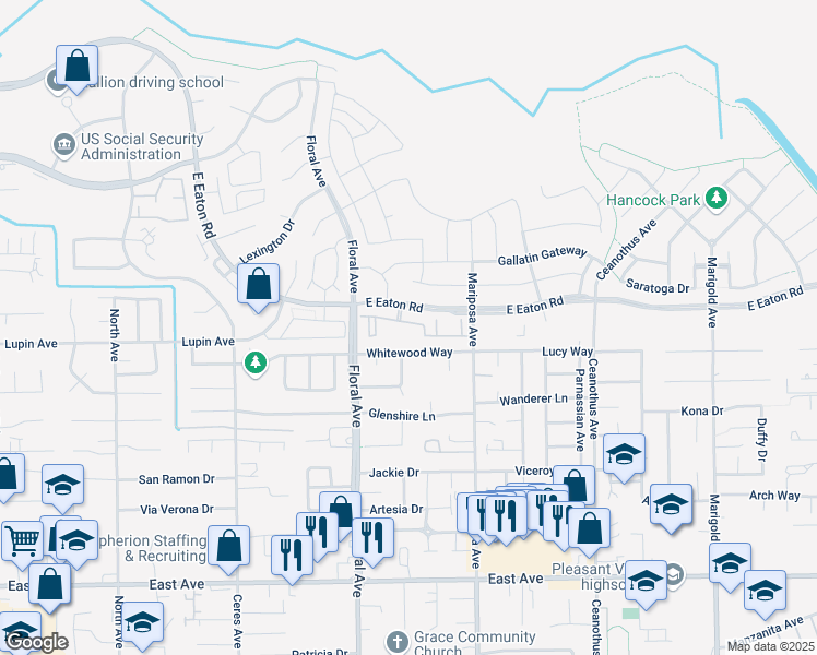 map of restaurants, bars, coffee shops, grocery stores, and more near 1251 Whitewood Way in Chico