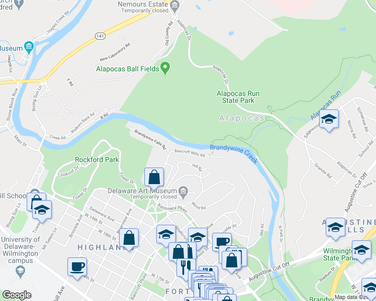 map of restaurants, bars, coffee shops, grocery stores, and more near 42 Hill Road in Wilmington