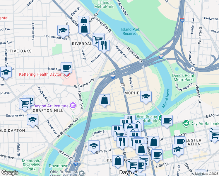 map of restaurants, bars, coffee shops, grocery stores, and more near in Dayton
