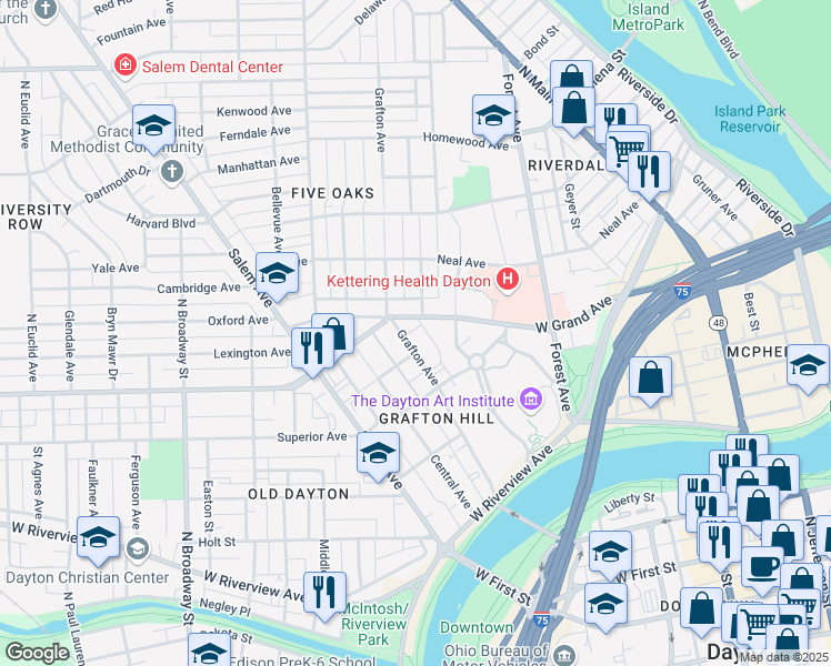 map of restaurants, bars, coffee shops, grocery stores, and more near 230 Grafton Avenue in Dayton