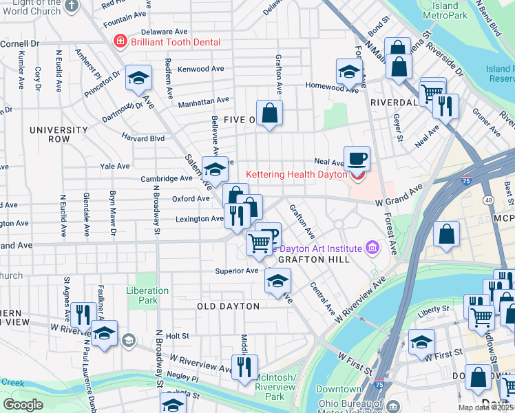 map of restaurants, bars, coffee shops, grocery stores, and more near 327 Central Avenue in Dayton
