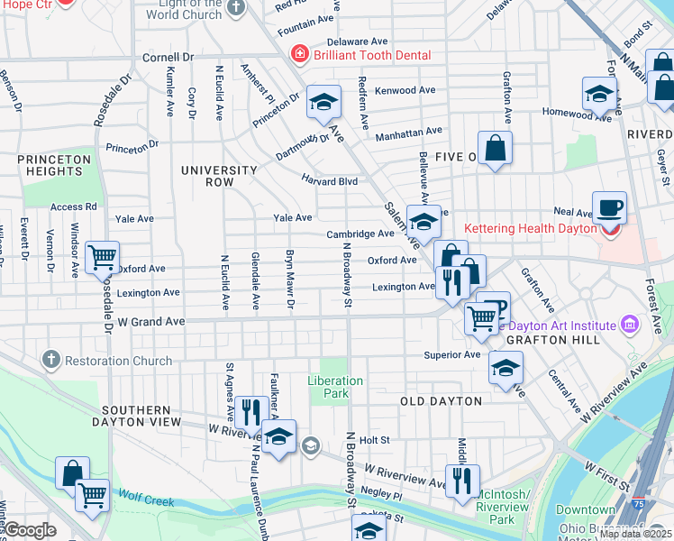 map of restaurants, bars, coffee shops, grocery stores, and more near 222 Lexington Avenue in Dayton