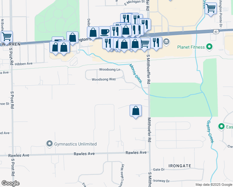 map of restaurants, bars, coffee shops, grocery stores, and more near 246 Legends Creek Way in Indianapolis