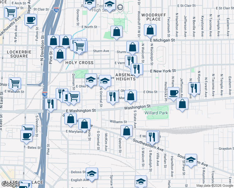 map of restaurants, bars, coffee shops, grocery stores, and more near 29 North Arsenal Avenue in Indianapolis