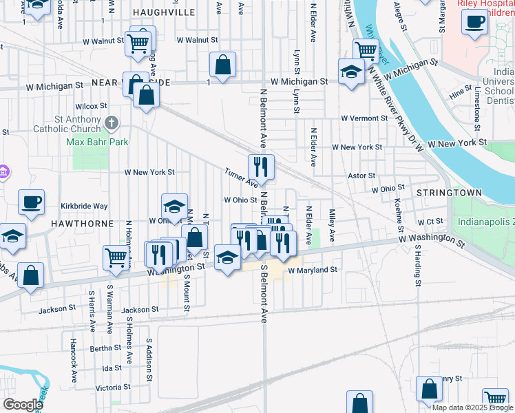 map of restaurants, bars, coffee shops, grocery stores, and more near 110 South Belmont Avenue in Indianapolis