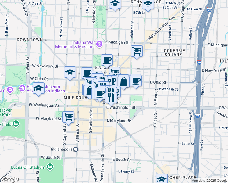 map of restaurants, bars, coffee shops, grocery stores, and more near 244 North College Avenue in Indianapolis