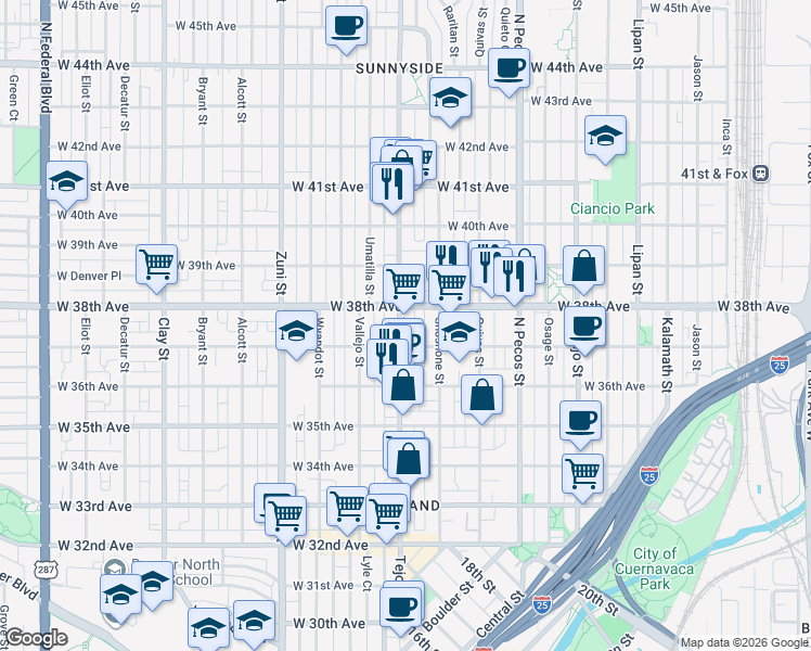 map of restaurants, bars, coffee shops, grocery stores, and more near 1934 West 37th Avenue in Denver