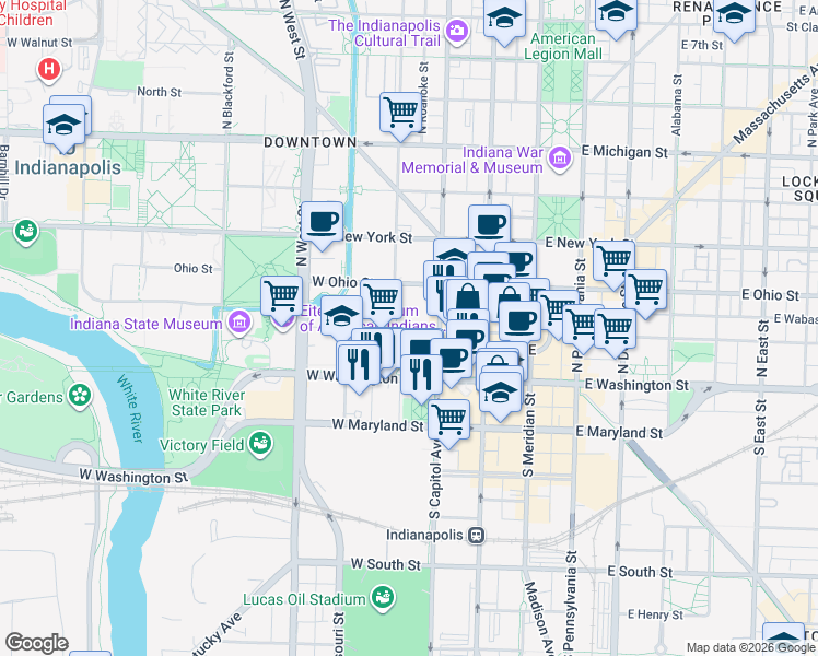 map of restaurants, bars, coffee shops, grocery stores, and more near 200 West Washington Street in Indianapolis