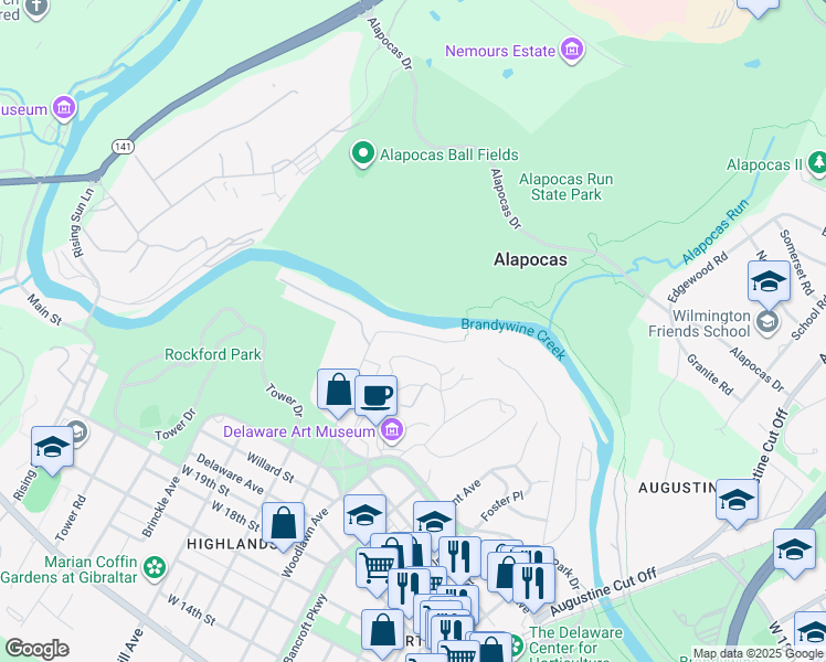 map of restaurants, bars, coffee shops, grocery stores, and more near 42 Hill Road in Wilmington