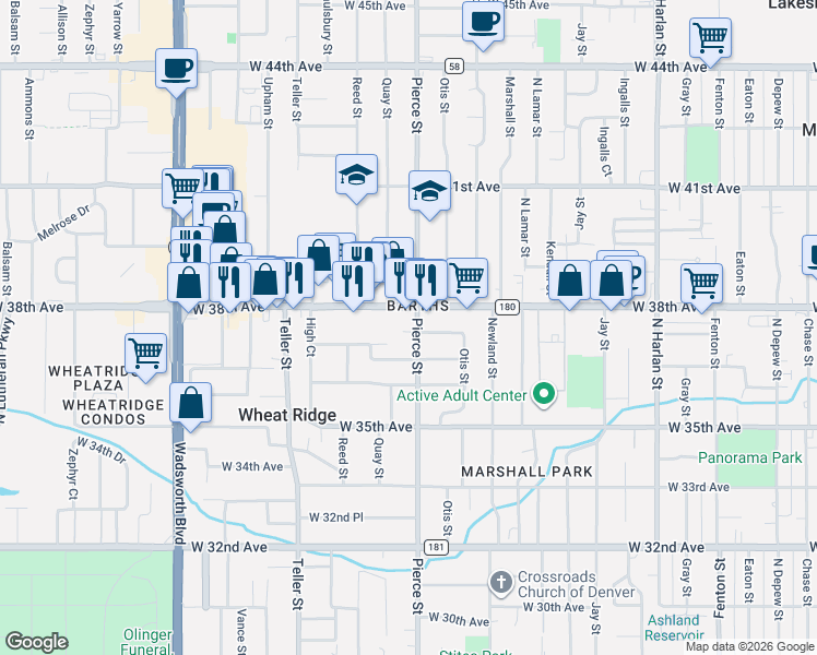 map of restaurants, bars, coffee shops, grocery stores, and more near 3650 Pierce Street in Wheat Ridge