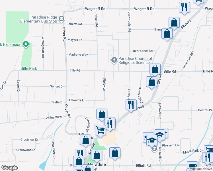 map of restaurants, bars, coffee shops, grocery stores, and more near 6148 Ripley Lane in Paradise