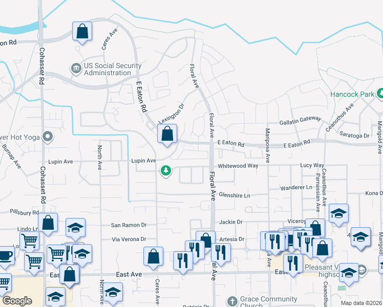 map of restaurants, bars, coffee shops, grocery stores, and more near 2770 Eaton Rd in Chico