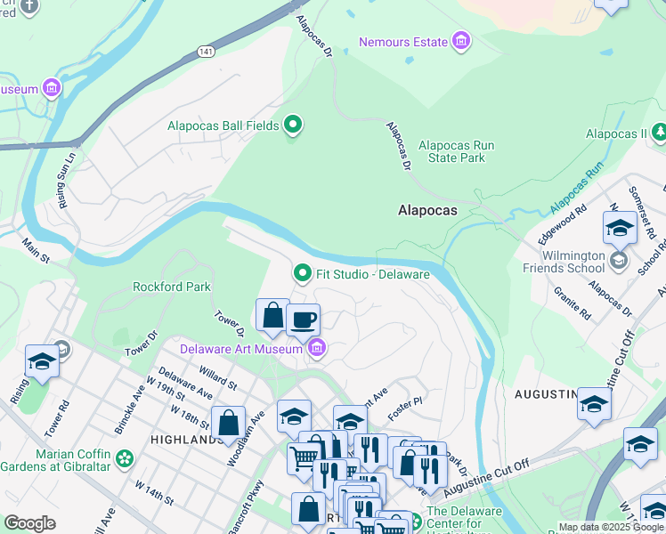 map of restaurants, bars, coffee shops, grocery stores, and more near 49 Bancroft Mills Road in Wilmington