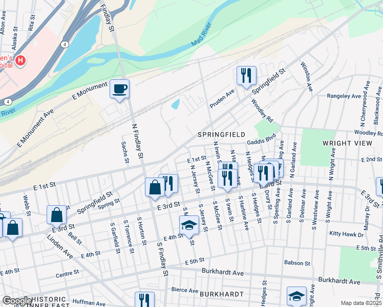 map of restaurants, bars, coffee shops, grocery stores, and more near 212 North Jersey Street in Dayton