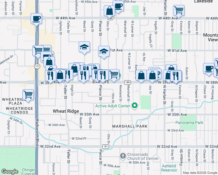 map of restaurants, bars, coffee shops, grocery stores, and more near 6615 West 38th Avenue in Wheat Ridge
