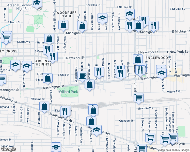 map of restaurants, bars, coffee shops, grocery stores, and more near 22 North Beville Avenue in Indianapolis