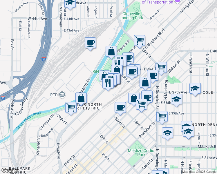 map of restaurants, bars, coffee shops, grocery stores, and more near 3330 Brighton Boulevard in Denver