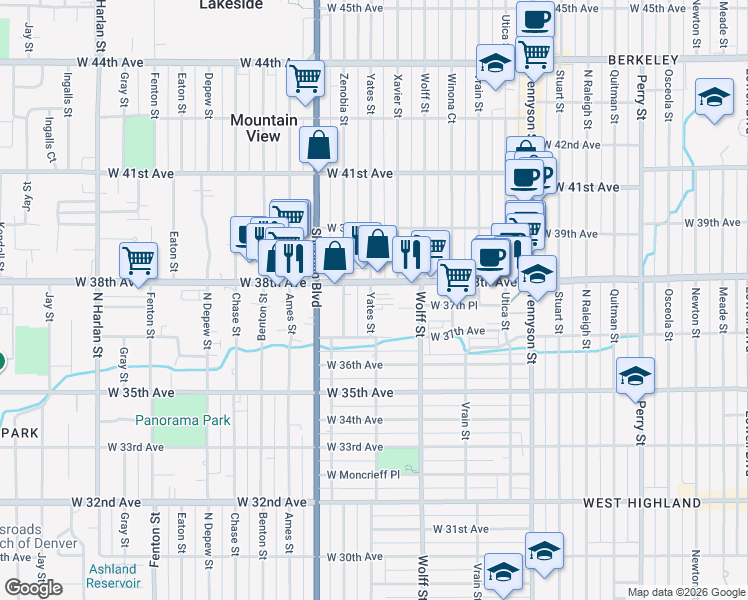 map of restaurants, bars, coffee shops, grocery stores, and more near 3762 Yates Street in Denver