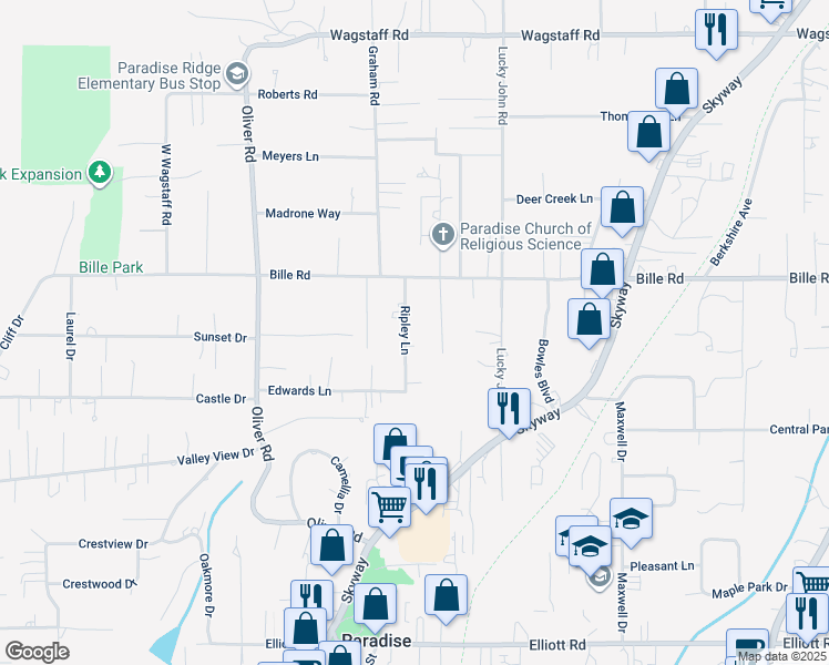 map of restaurants, bars, coffee shops, grocery stores, and more near 6148 Ripley Lane in Paradise