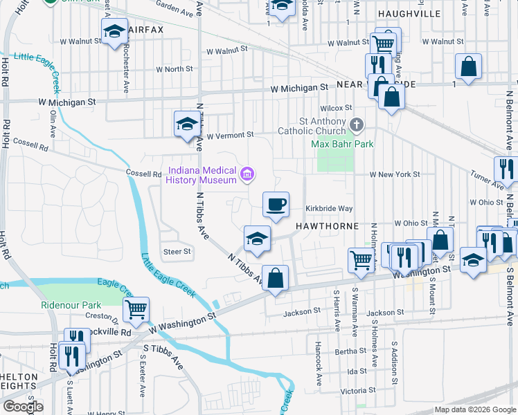 map of restaurants, bars, coffee shops, grocery stores, and more near 2950 Kirkbride Way in Indianapolis