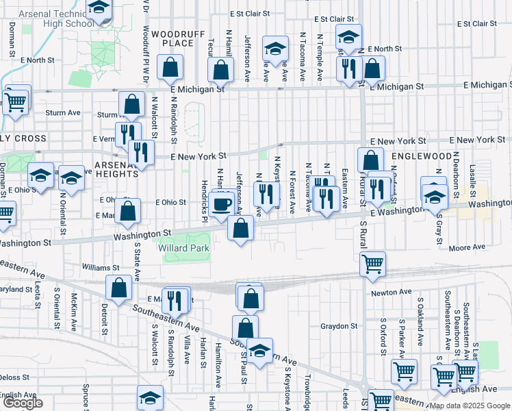 map of restaurants, bars, coffee shops, grocery stores, and more near 22 North Beville Avenue in Indianapolis