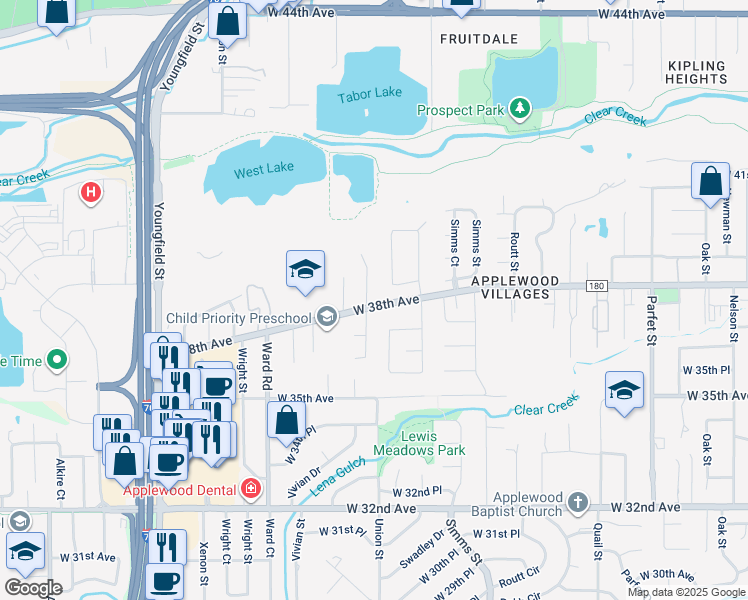 map of restaurants, bars, coffee shops, grocery stores, and more near 3834 Union Court in Wheat Ridge