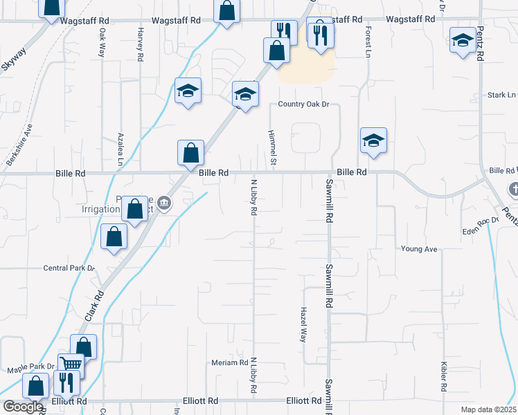 map of restaurants, bars, coffee shops, grocery stores, and more near 6146 North Libby Road in Paradise
