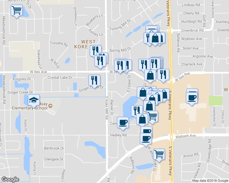 map of restaurants, bars, coffee shops, grocery stores, and more near 3112 La Conner Drive in Springfield