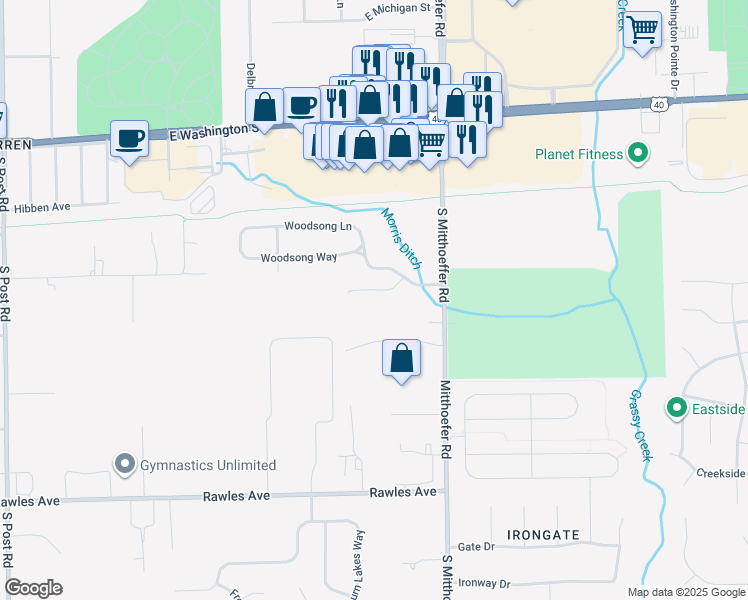 map of restaurants, bars, coffee shops, grocery stores, and more near 9820 Legends Creek Drive in Indianapolis