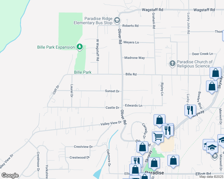 map of restaurants, bars, coffee shops, grocery stores, and more near 617 Sunset Drive in Paradise