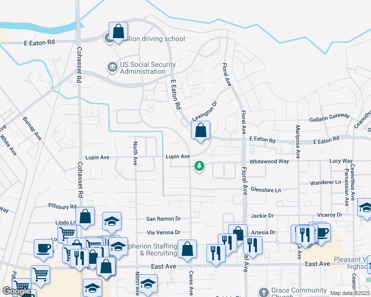 map of restaurants, bars, coffee shops, grocery stores, and more near 2739 Ceres Avenue in Chico