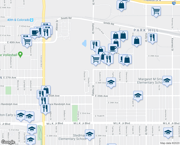 map of restaurants, bars, coffee shops, grocery stores, and more near 3793 Dexter Street in Denver
