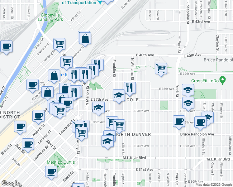 map of restaurants, bars, coffee shops, grocery stores, and more near 3775 Franklin Street in Denver