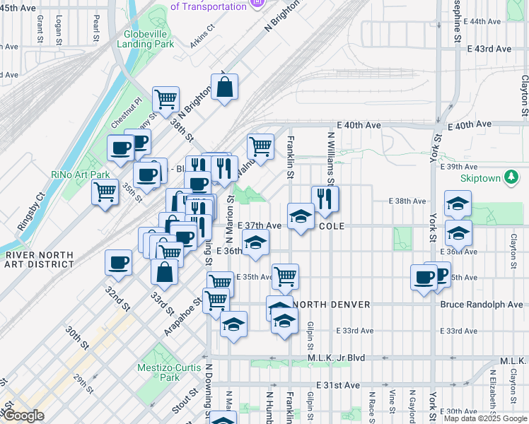 map of restaurants, bars, coffee shops, grocery stores, and more near 1215 38th Avenue in Denver