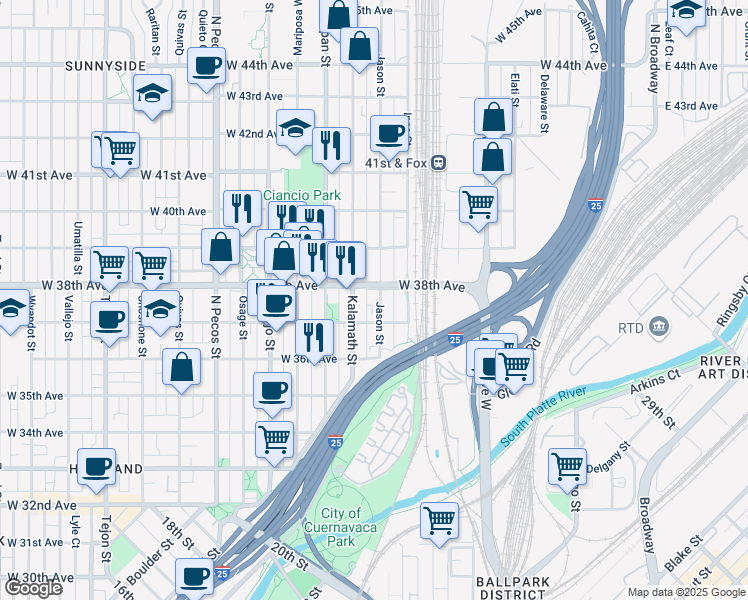 map of restaurants, bars, coffee shops, grocery stores, and more near 3815 Jason Street in Denver