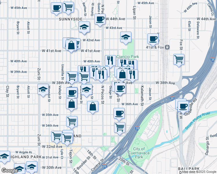 map of restaurants, bars, coffee shops, grocery stores, and more near 1625 West 38th Avenue in Denver
