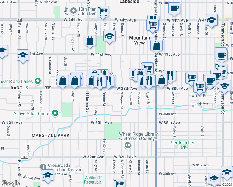 map of restaurants, bars, coffee shops, grocery stores, and more near 5667 West 38th Avenue in Wheat Ridge