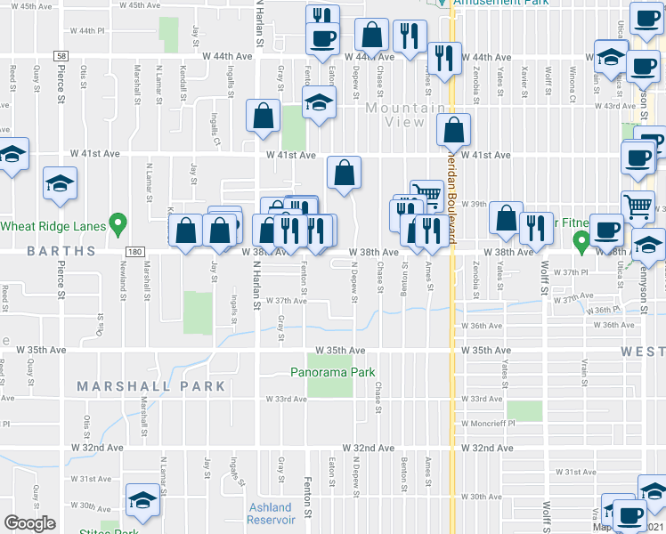 map of restaurants, bars, coffee shops, grocery stores, and more near 5667 West 38th Avenue in Wheat Ridge