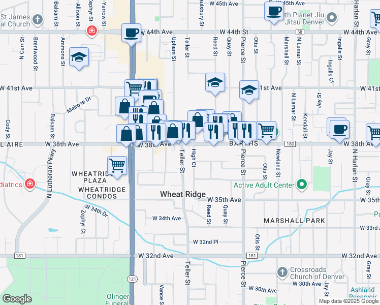 map of restaurants, bars, coffee shops, grocery stores, and more near in Wheat Ridge